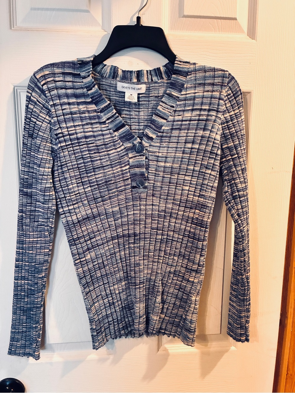 Skye's the Limit Blue and White Ribbed Button Front Long Sleeve Top